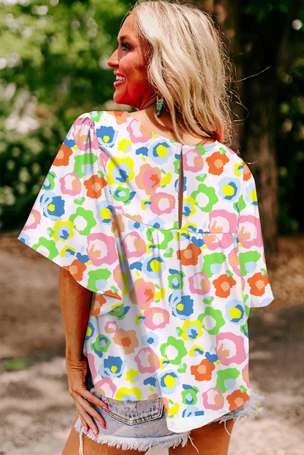 Pink Colorful Leopard Short Sleeve Keyhole Back Loose Blouse