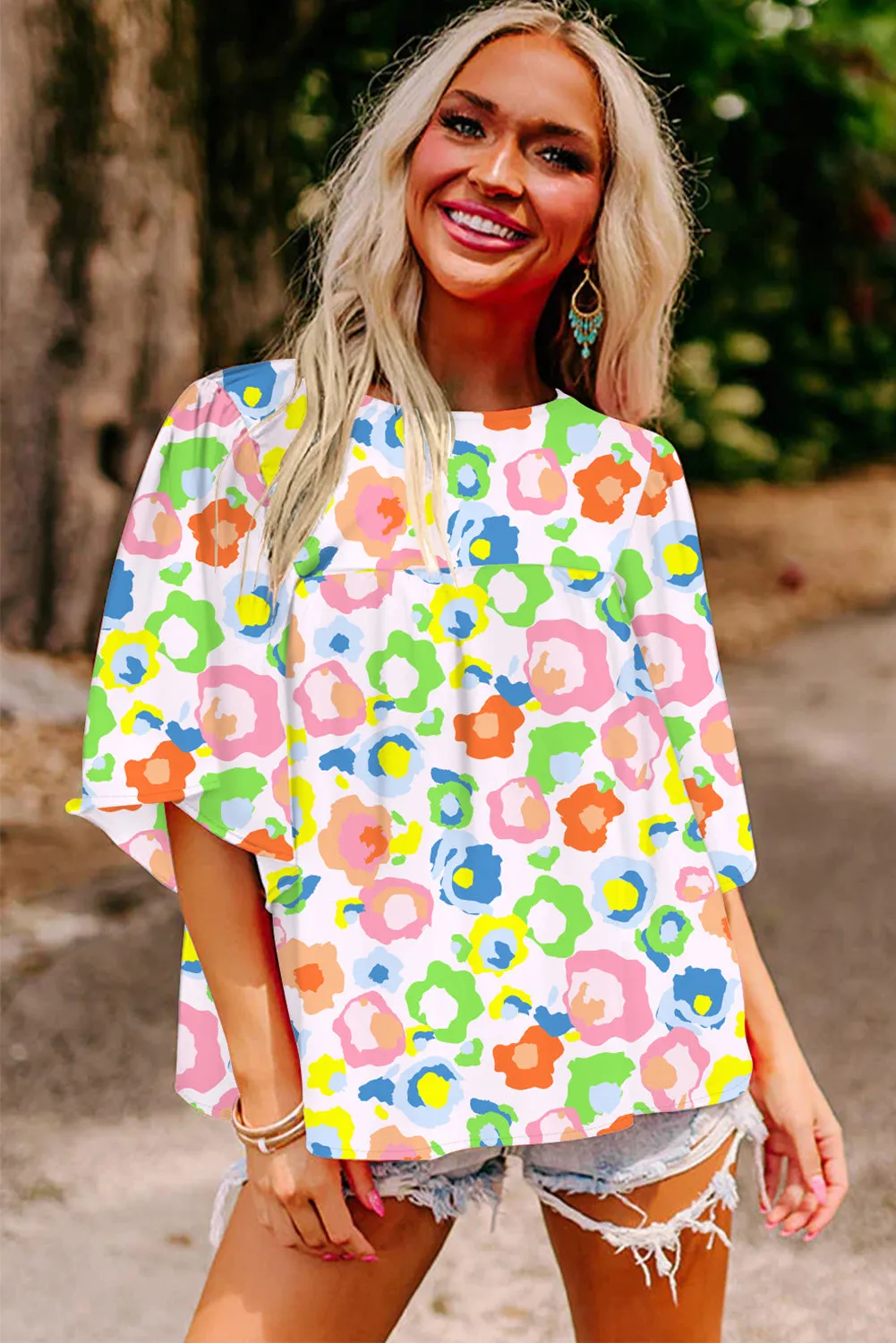 Pink Colorful Leopard Short Sleeve Keyhole Back Loose Blouse