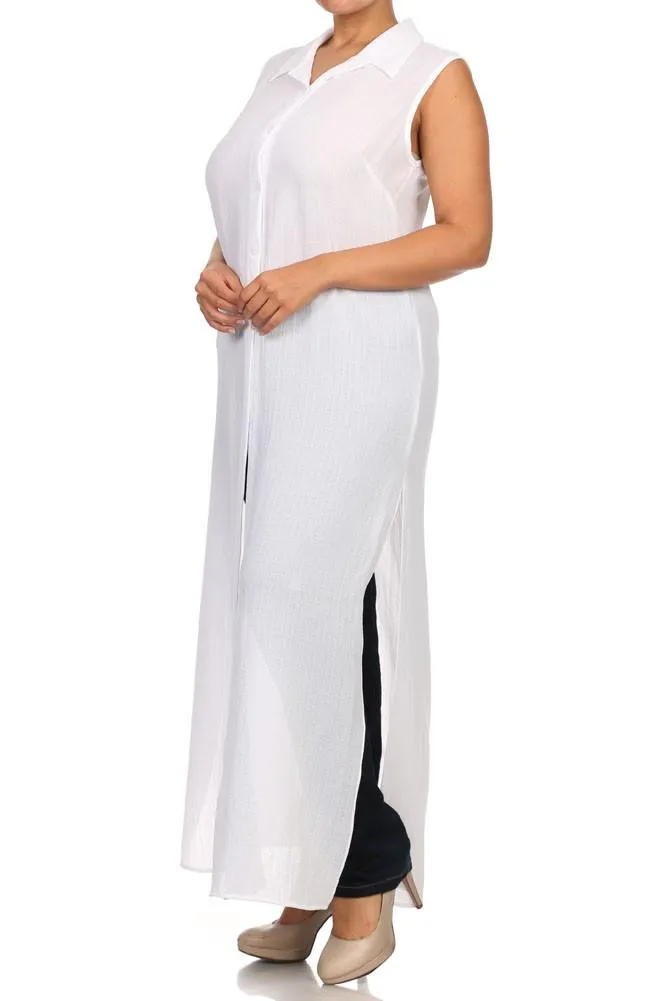 Plus Size Mod Button Up Sheer White Maxi Dress