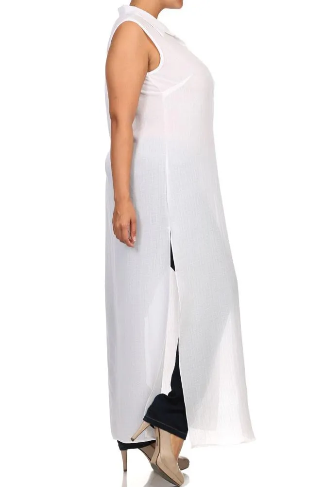Plus Size Mod Button Up Sheer White Maxi Dress