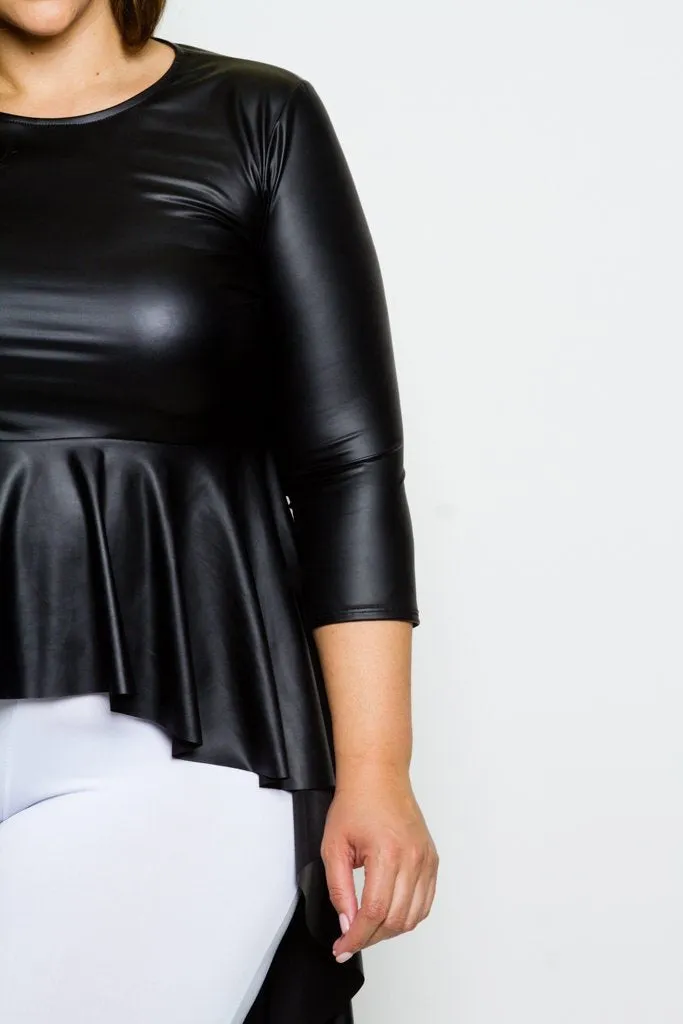 Plus Size Sleek Faux Leather Hi Lo 3/4 Sleeve Top