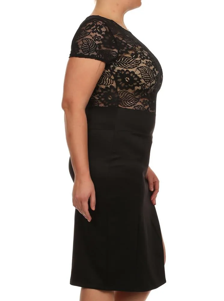 Plus Size Sleek See Through Floral Lace Black Dress