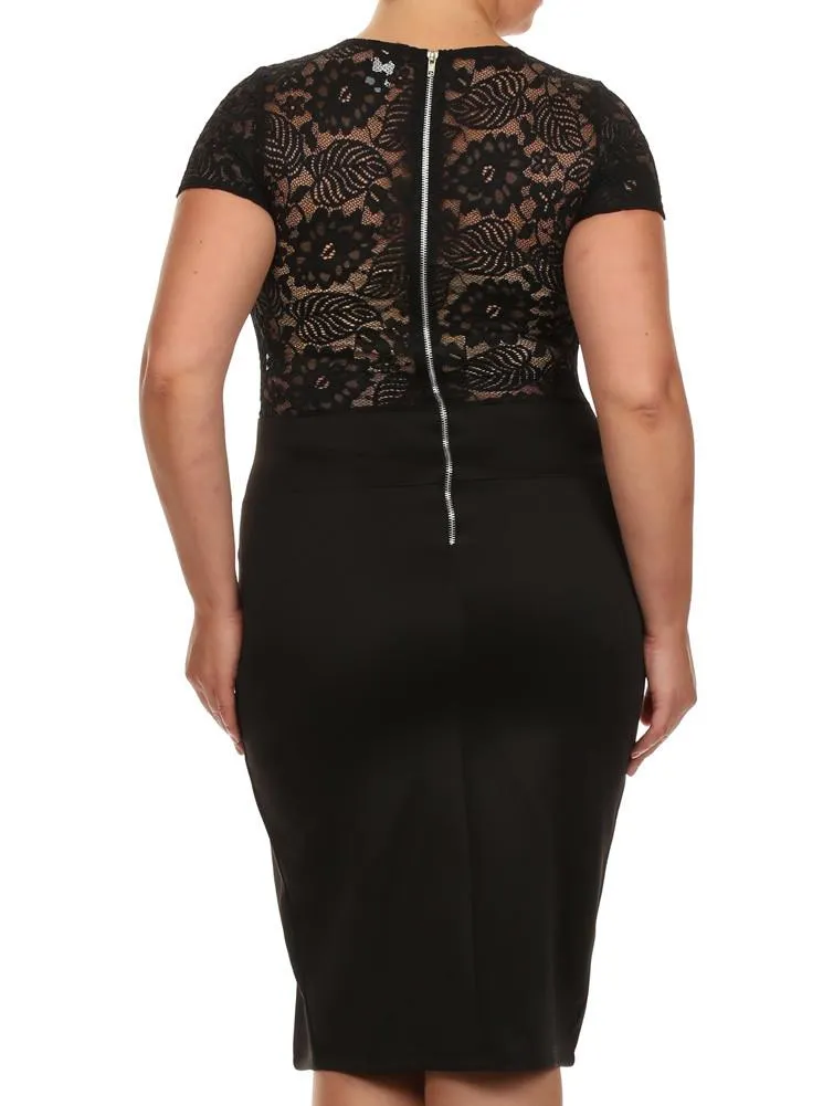 Plus Size Sleek See Through Floral Lace Black Dress