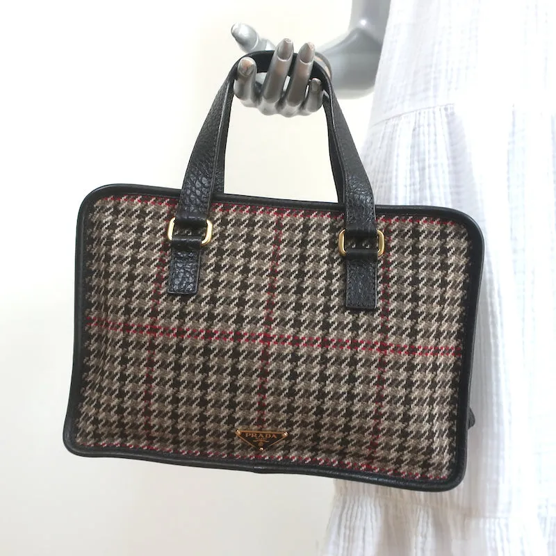 Prada Houndstooth Tweed Tote Bag Brown Leather-Trim Wool