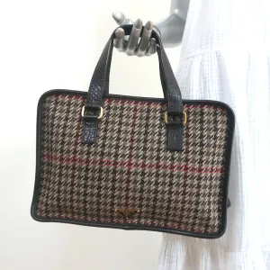 Prada Houndstooth Tweed Tote Bag Brown Leather-Trim Wool