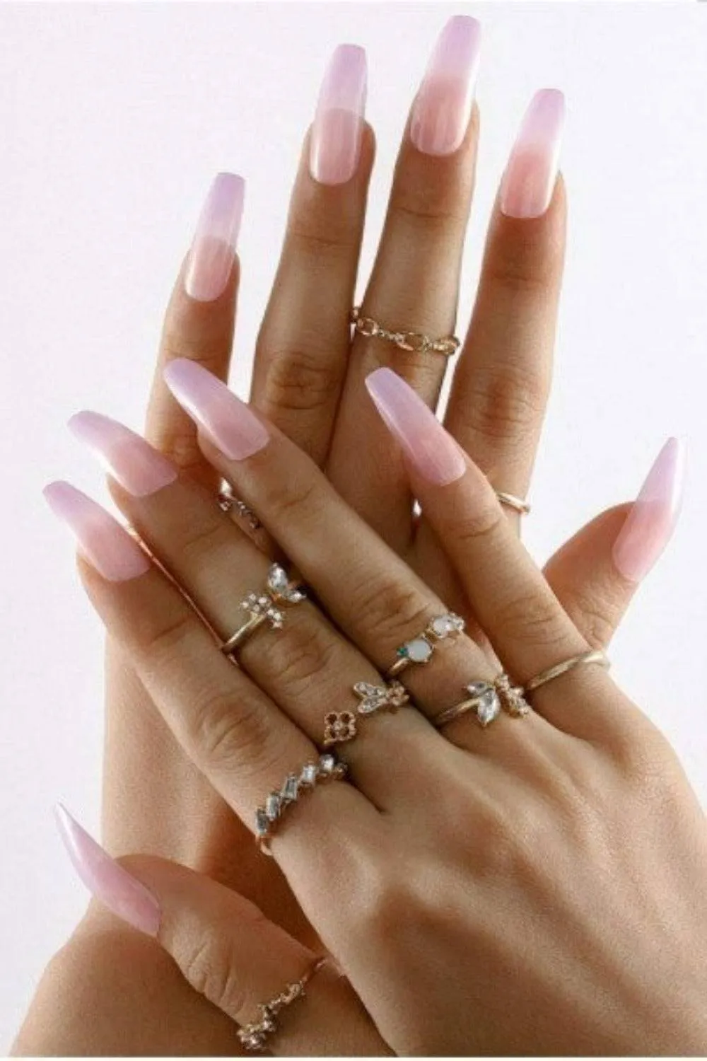 Press On Nails Glossy Clear Pink Coffin Nails Kit