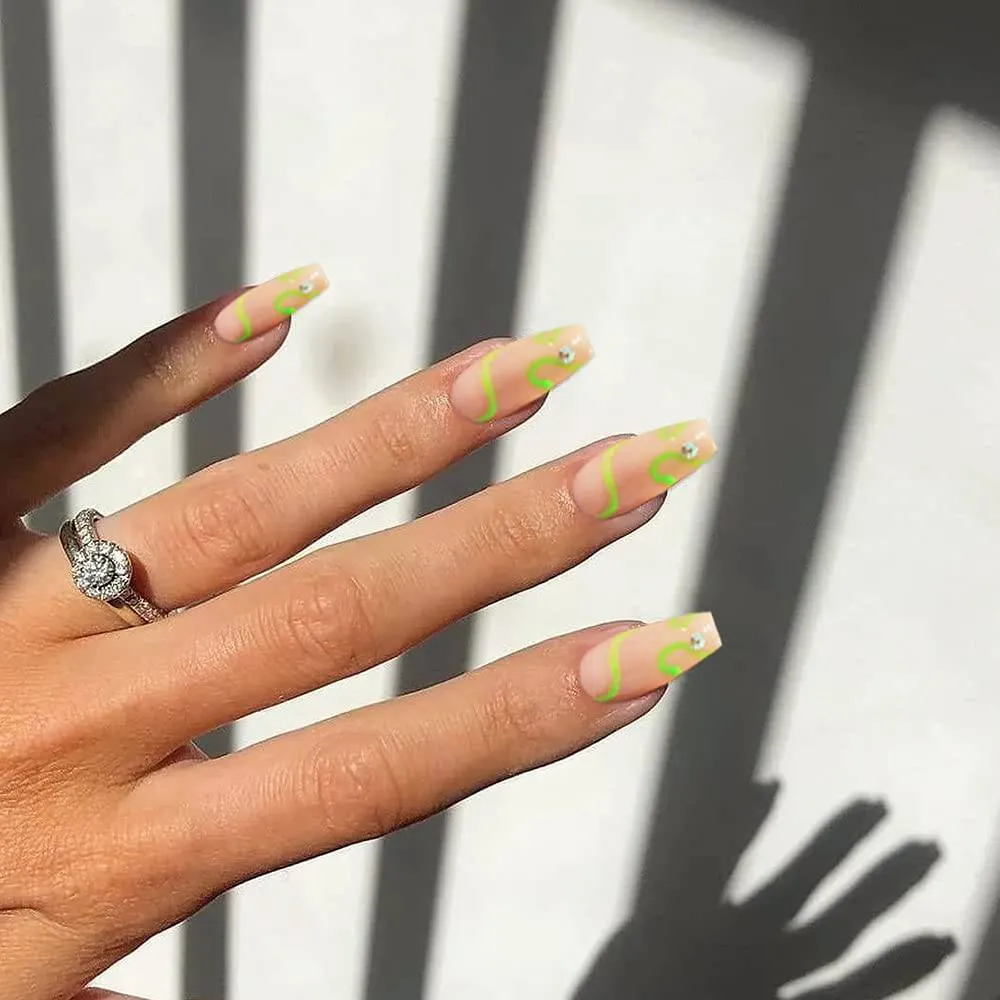 Press On Nails Green Glossy Coffin Swirl Nail Kit
