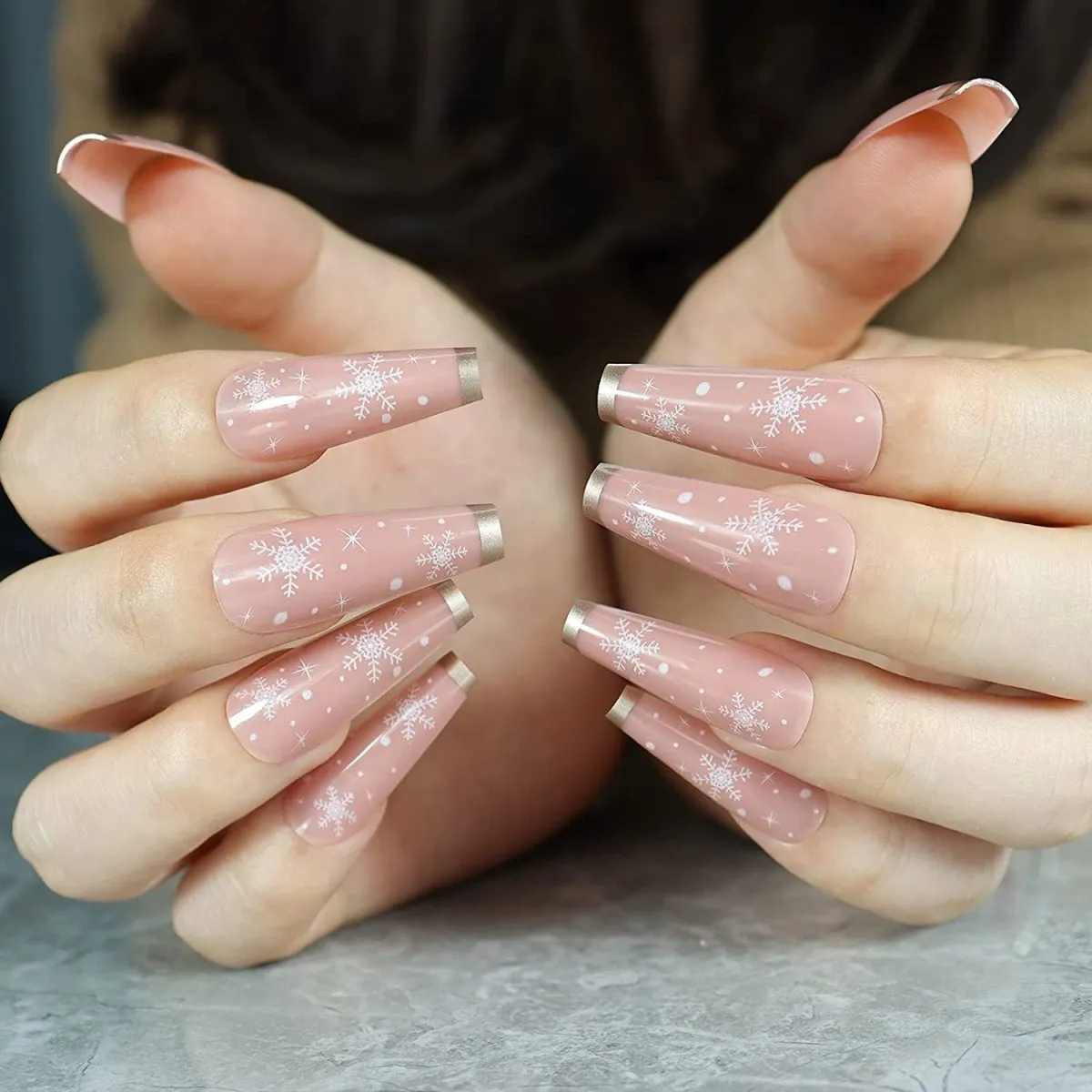 Press On Nails Nude French Glossy Coffin Snowflake Nail Kit