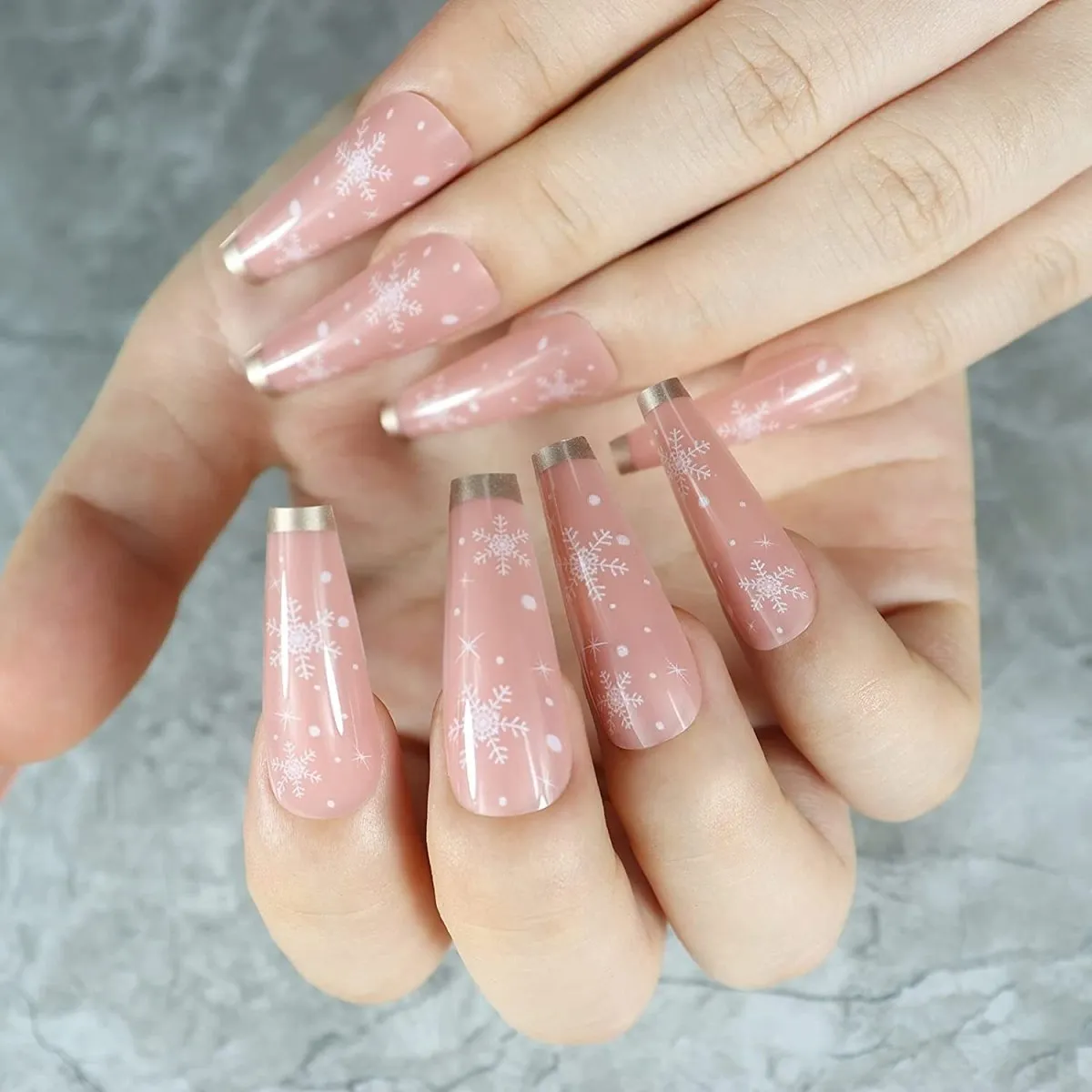 Press On Nails Nude French Glossy Coffin Snowflake Nail Kit
