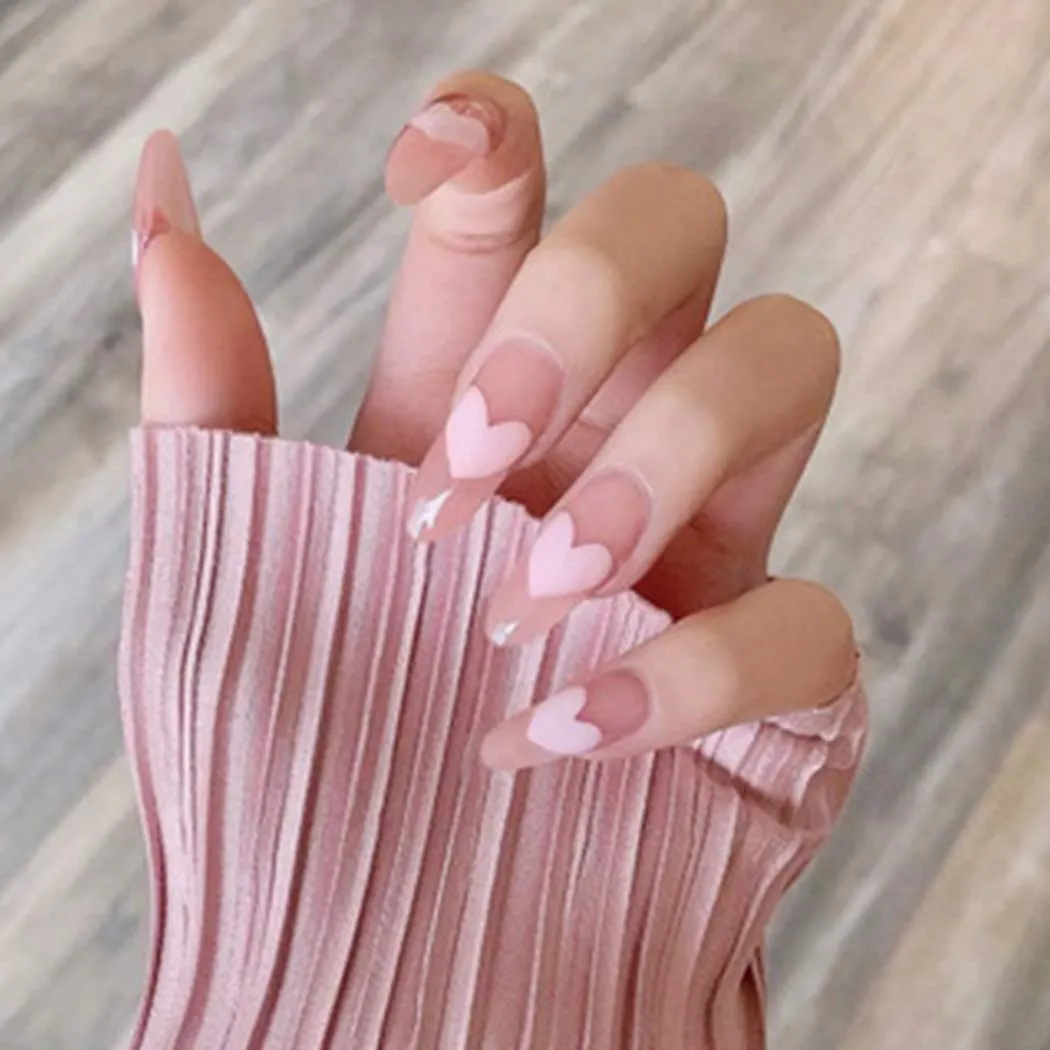 Press On Nails Pink Glossy Almond Stiletto Heart Nail Kit