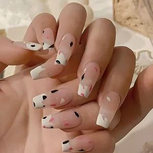 Press On Nails Pink Glossy Coffin Cow Print Nail Kit