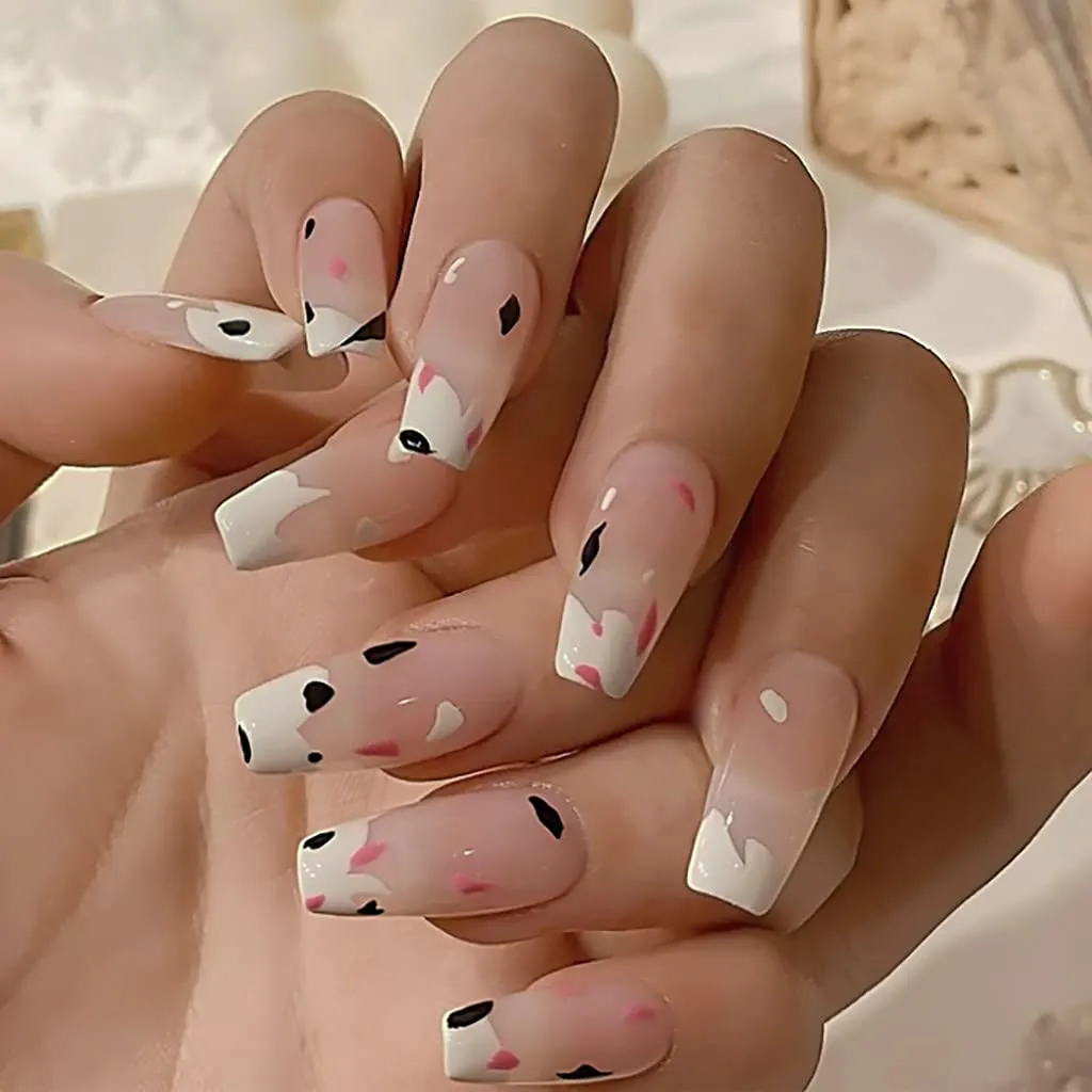 Press On Nails Pink Glossy Coffin Cow Print Nail Kit