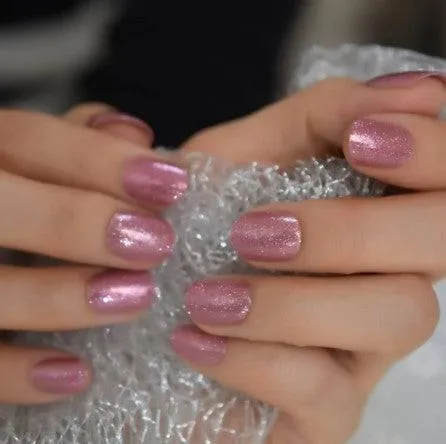 Press On Nails Pink Glossy Round Shimmer Nail Kit