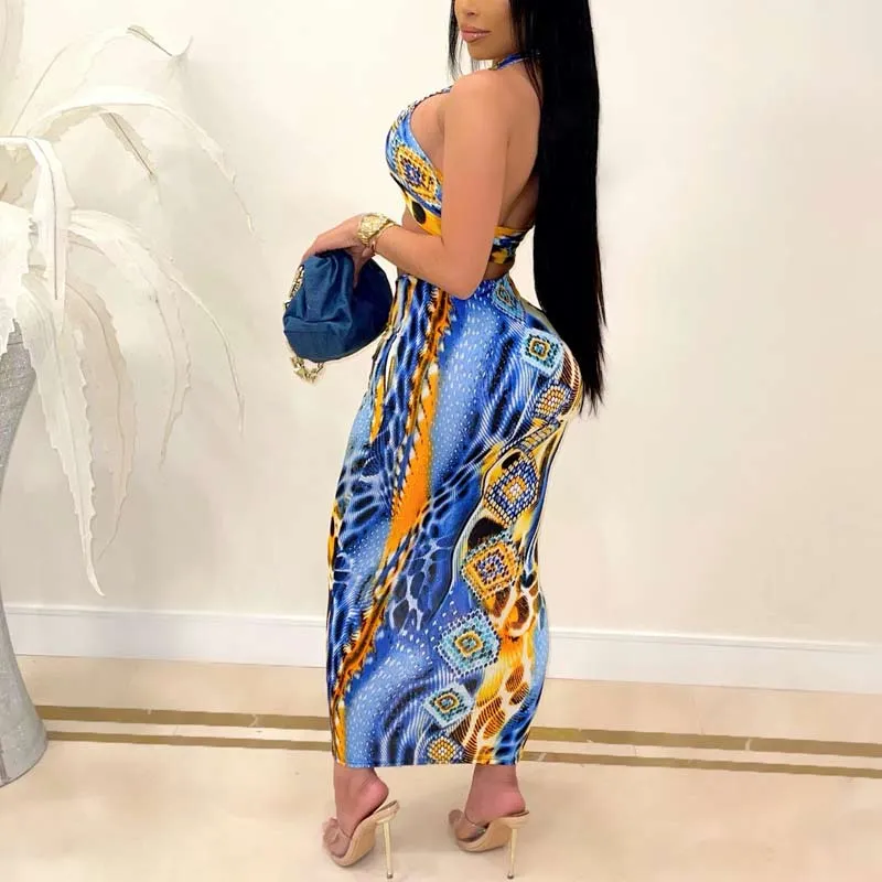 Print Sleeveless Halter Tube Top & Skirt Set