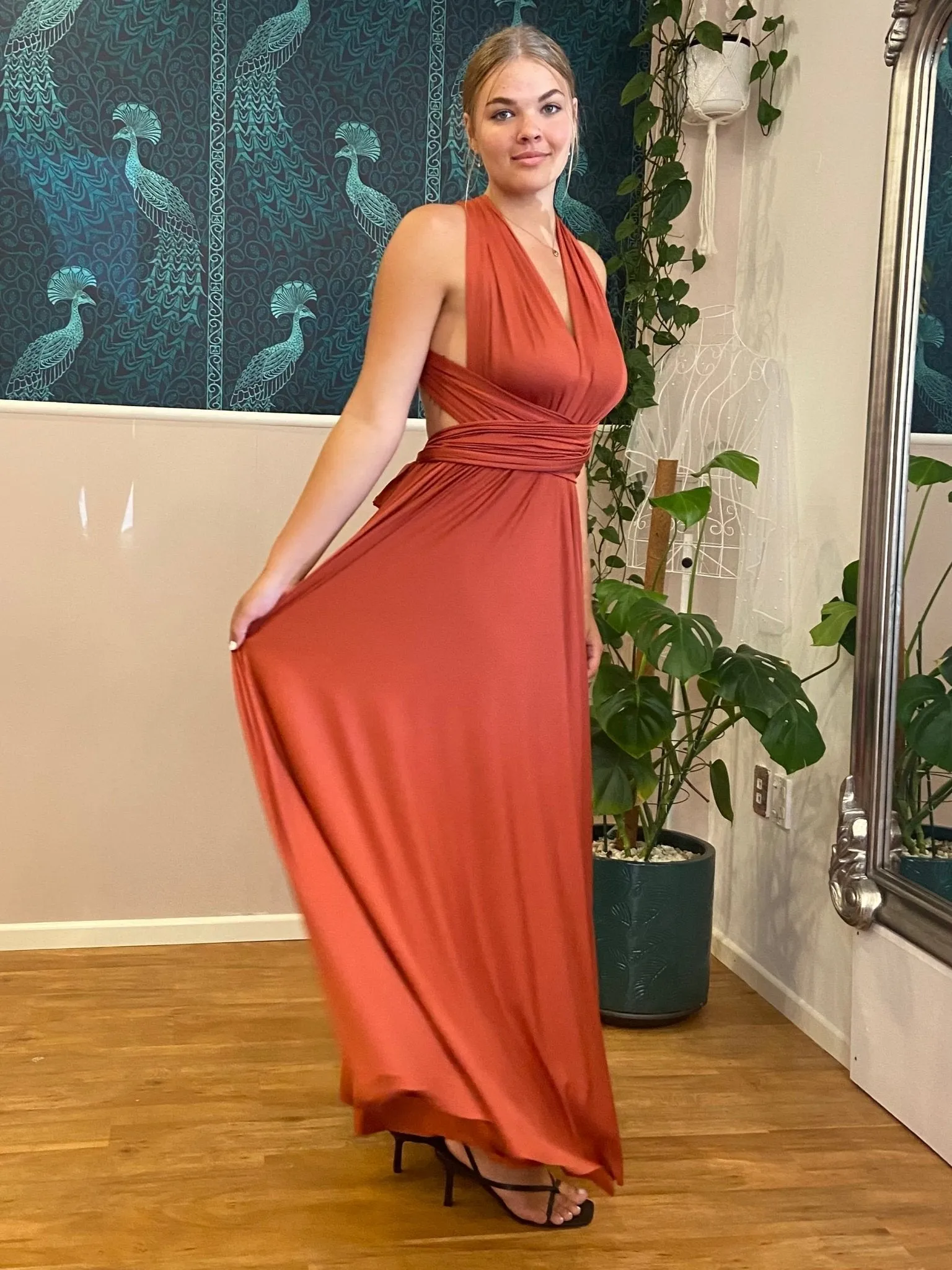 Pumpkin Convertible Infinity bridesmaid dress with Split Express NZ wide