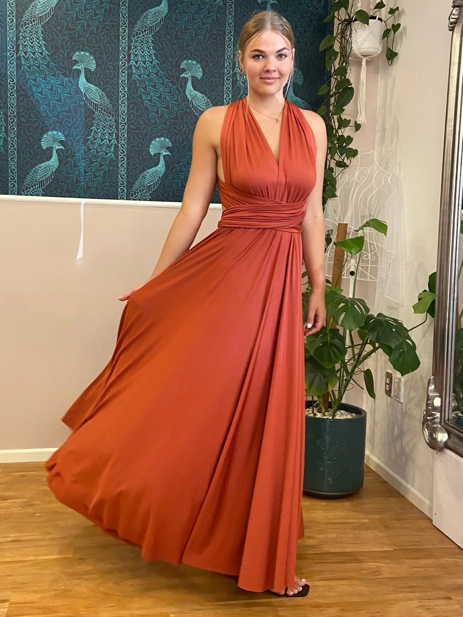 Pumpkin Convertible Infinity bridesmaid dress with Split Express NZ wide