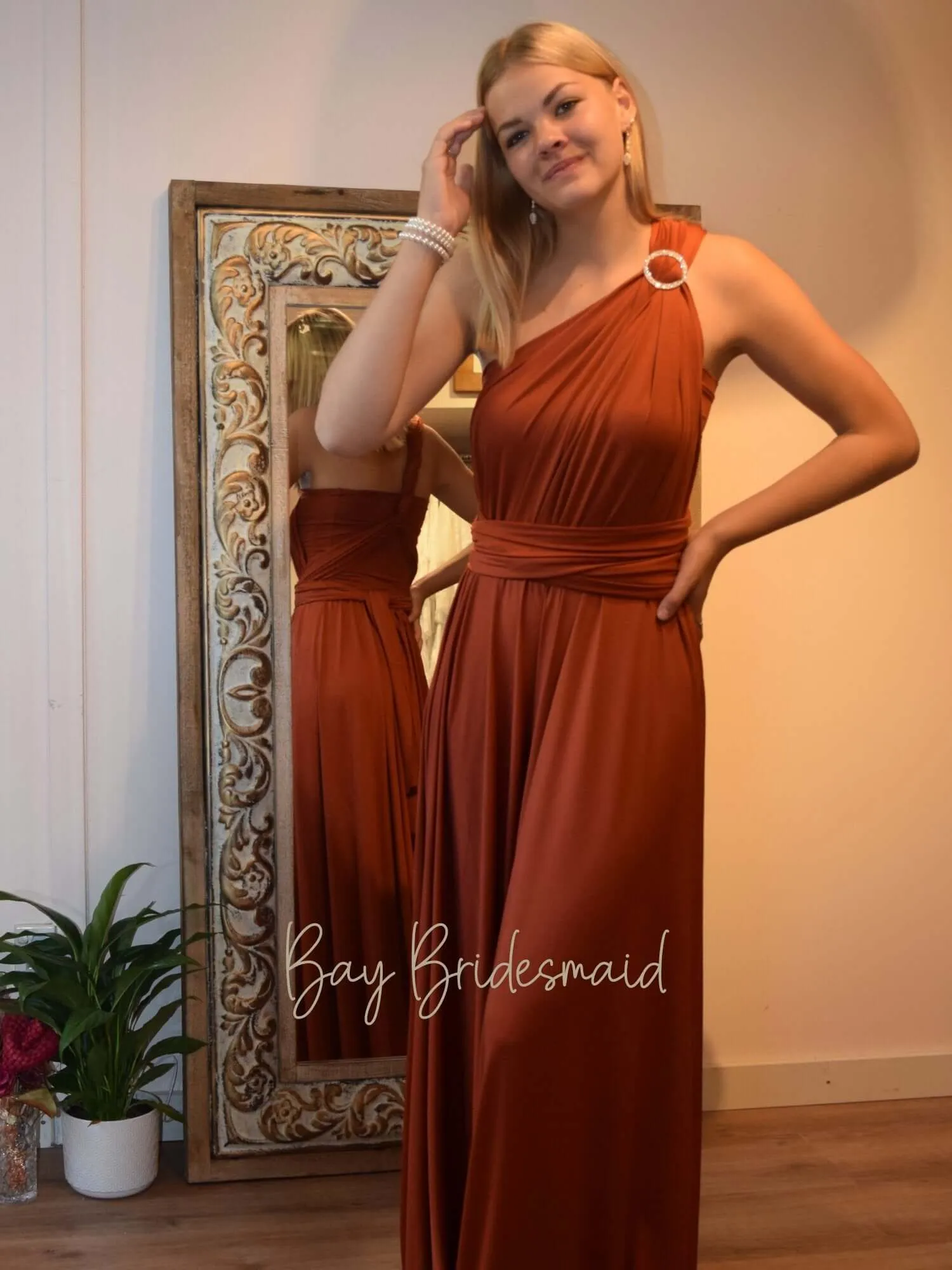 Pumpkin Convertible Infinity bridesmaid dress with Split Express NZ wide