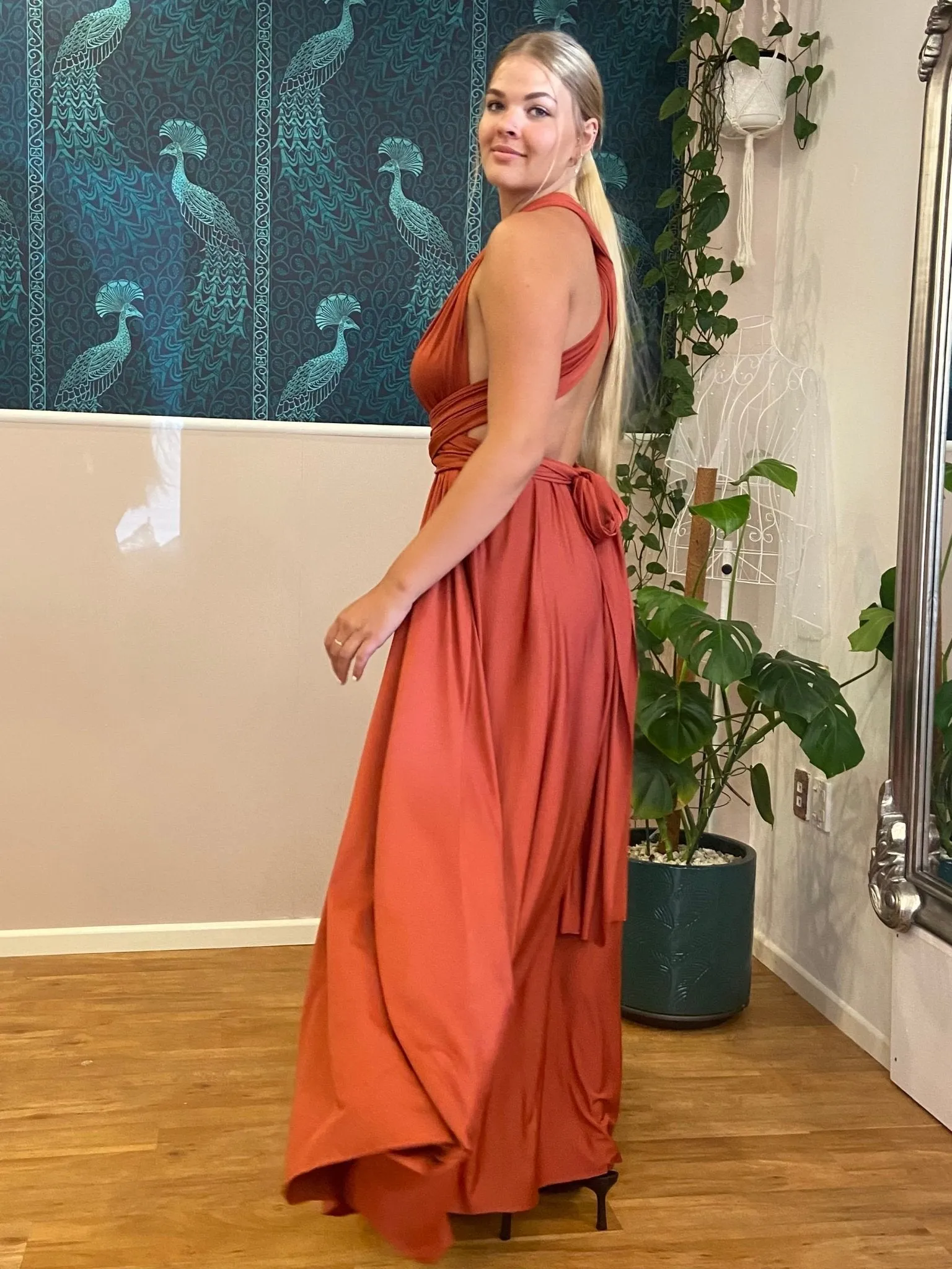 Pumpkin Convertible Infinity bridesmaid dress with Split Express NZ wide