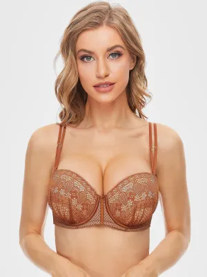 Push Up Full Figure Strapless Pleated Lace Multiway Bra Caramel