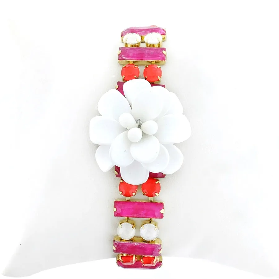 "La Dolce Vita" Hibiscus Mediterranean White Bracelet with Hand Painted Resin Stones