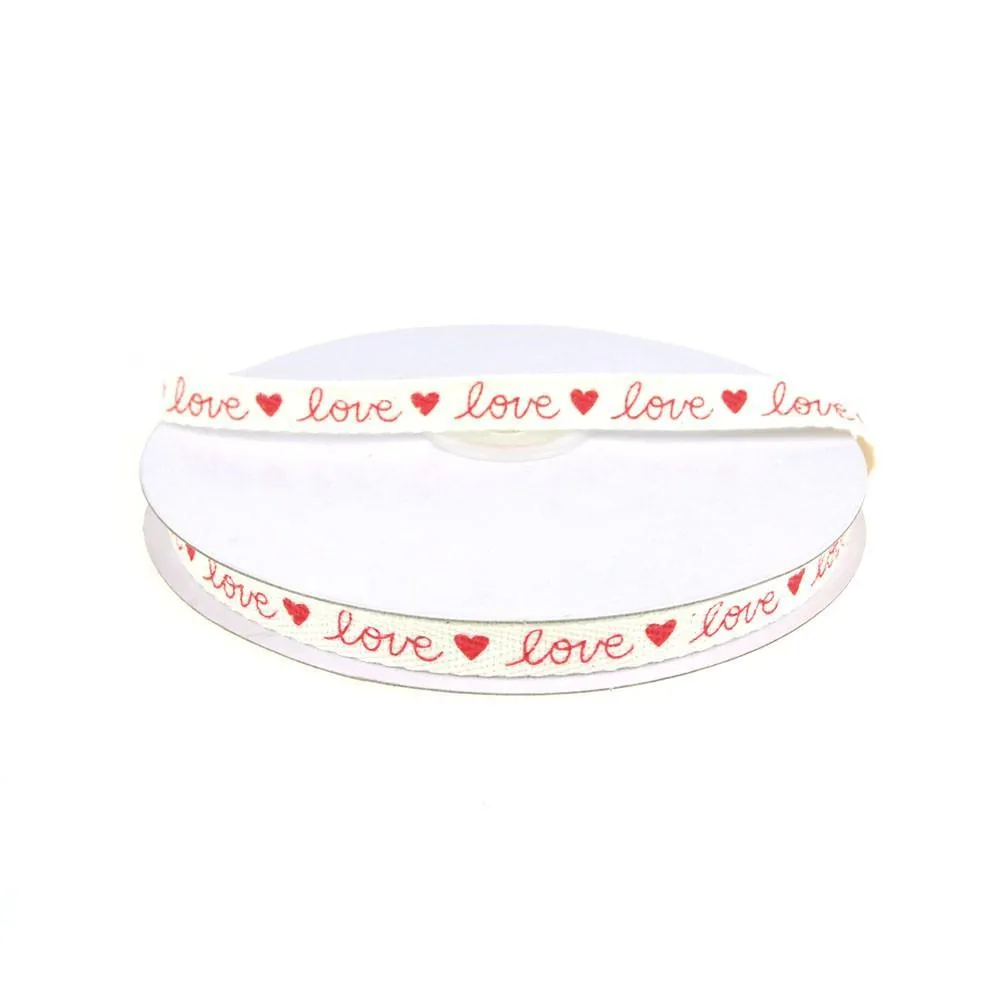 Red Love Print Cotton Twill Ribbon, 3/8-inch, 25-yard