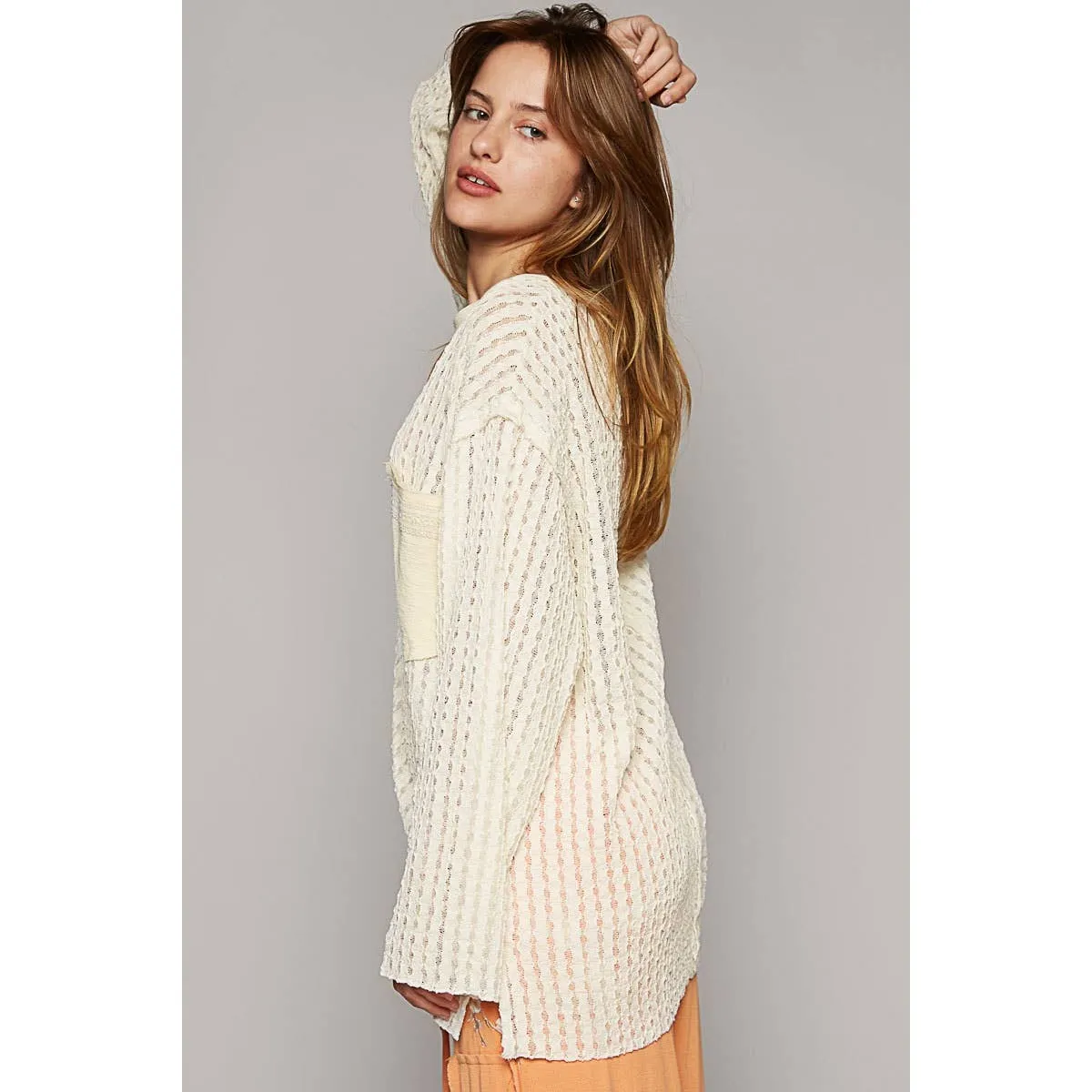 Round neck long sleeve cut sew front pocket knit top: Cream