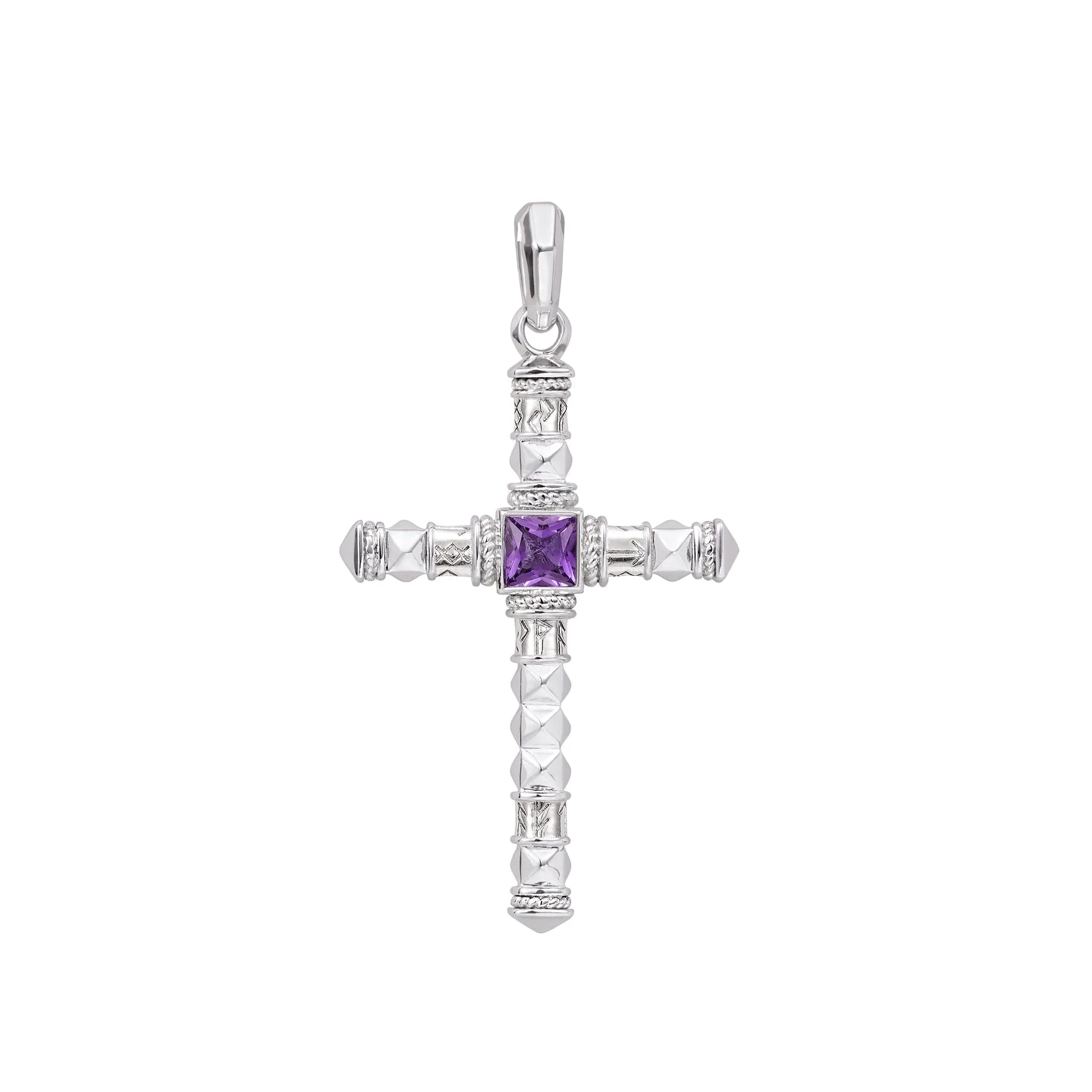 Runes-Engraved Amethyst Cross Necklace