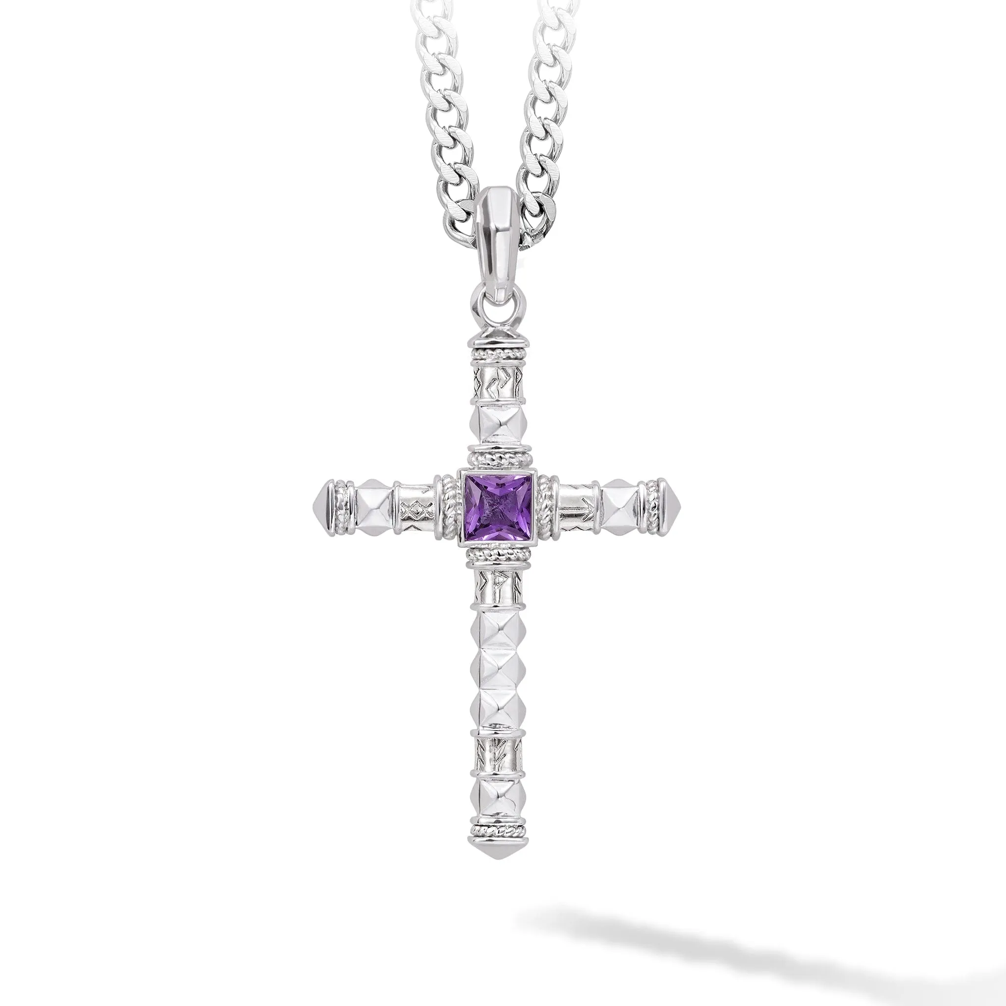 Runes-Engraved Amethyst Cross Necklace