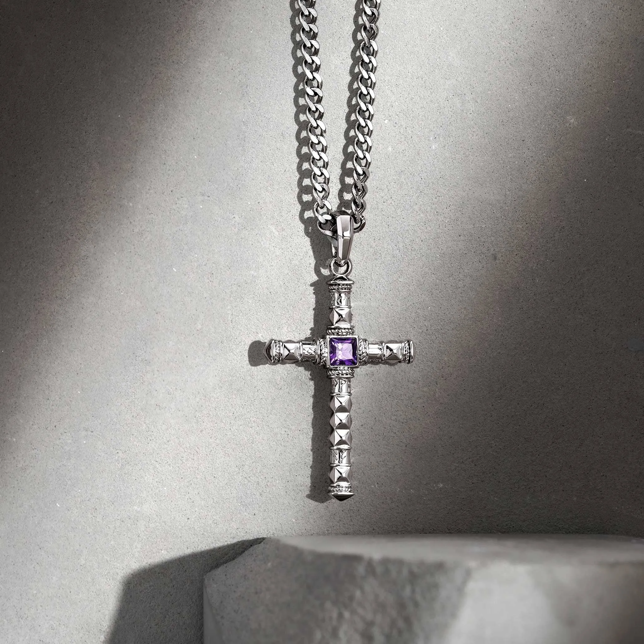 Runes-Engraved Amethyst Cross Necklace