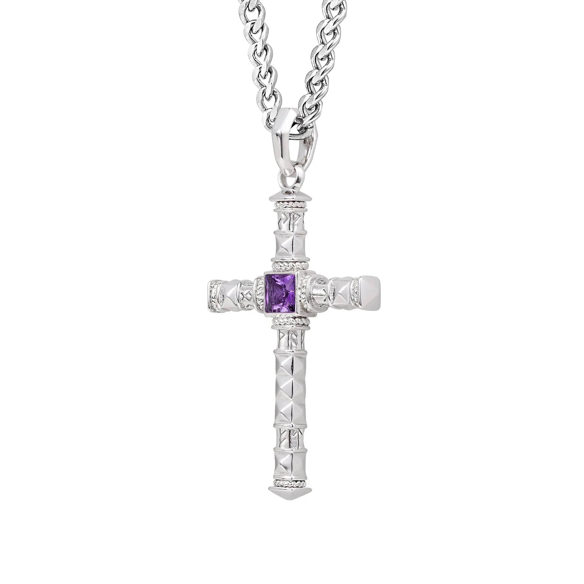 Runes-Engraved Amethyst Cross Necklace