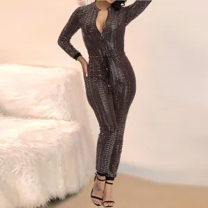 Sequins Zipper Design Tied Long Sleeve Jumpsuit