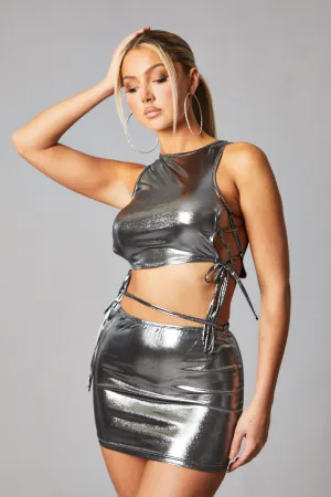 Silver Metallic Lace Up Detail Cropped Top & Mini skirt Set -- Mizuki