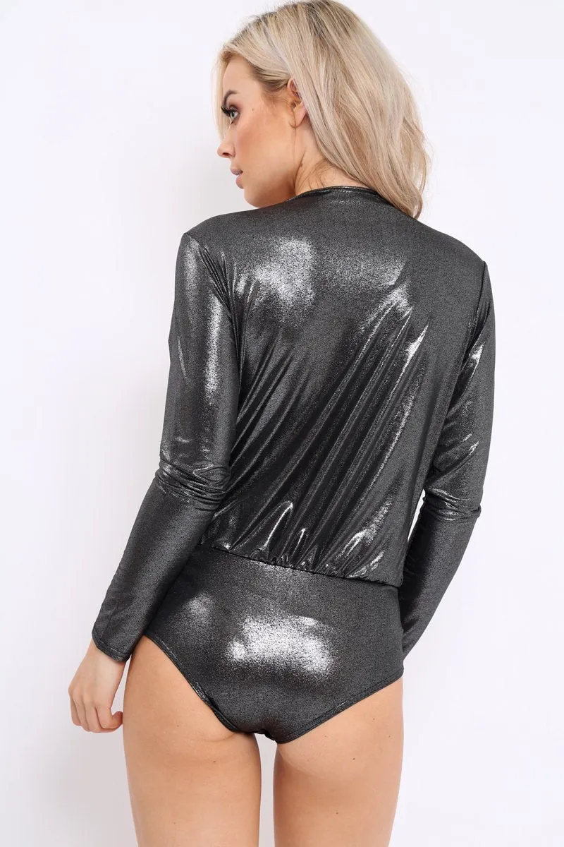 Silver Metallic Wrap Front Bodysuit - Kristen