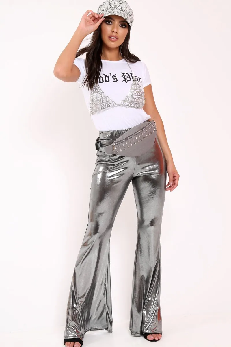 Silver Shiny Metallic High Waist Kick Flare Trousers - Islee