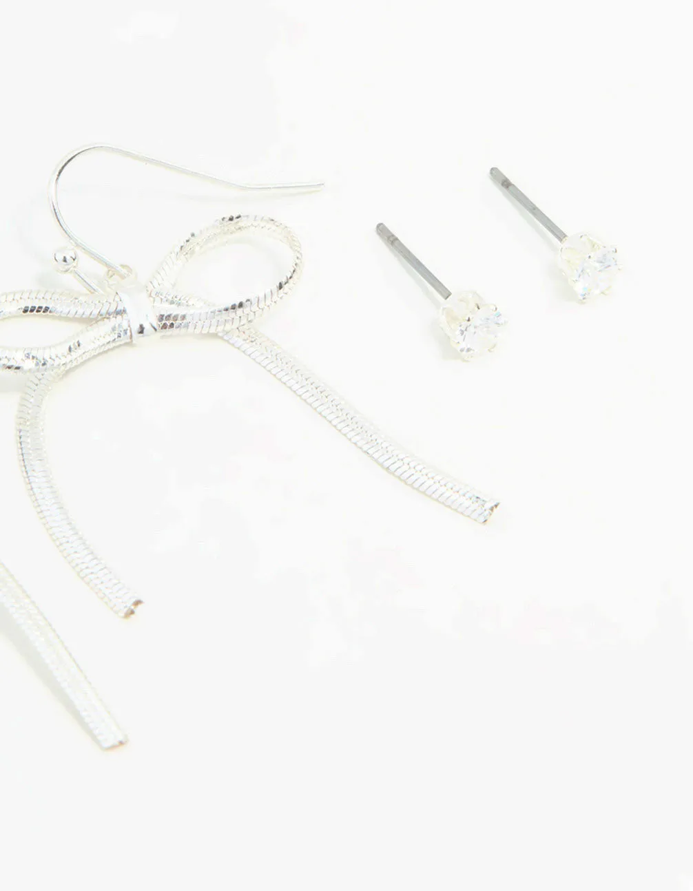 Silver Sleek Ball, Diamante & Bow Earrings 3-Pack
