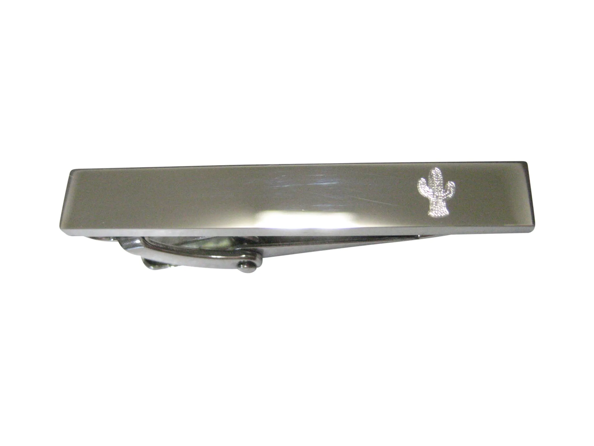 Silver Toned Etched Sleek Cactus Plant Skinny Tie Clip