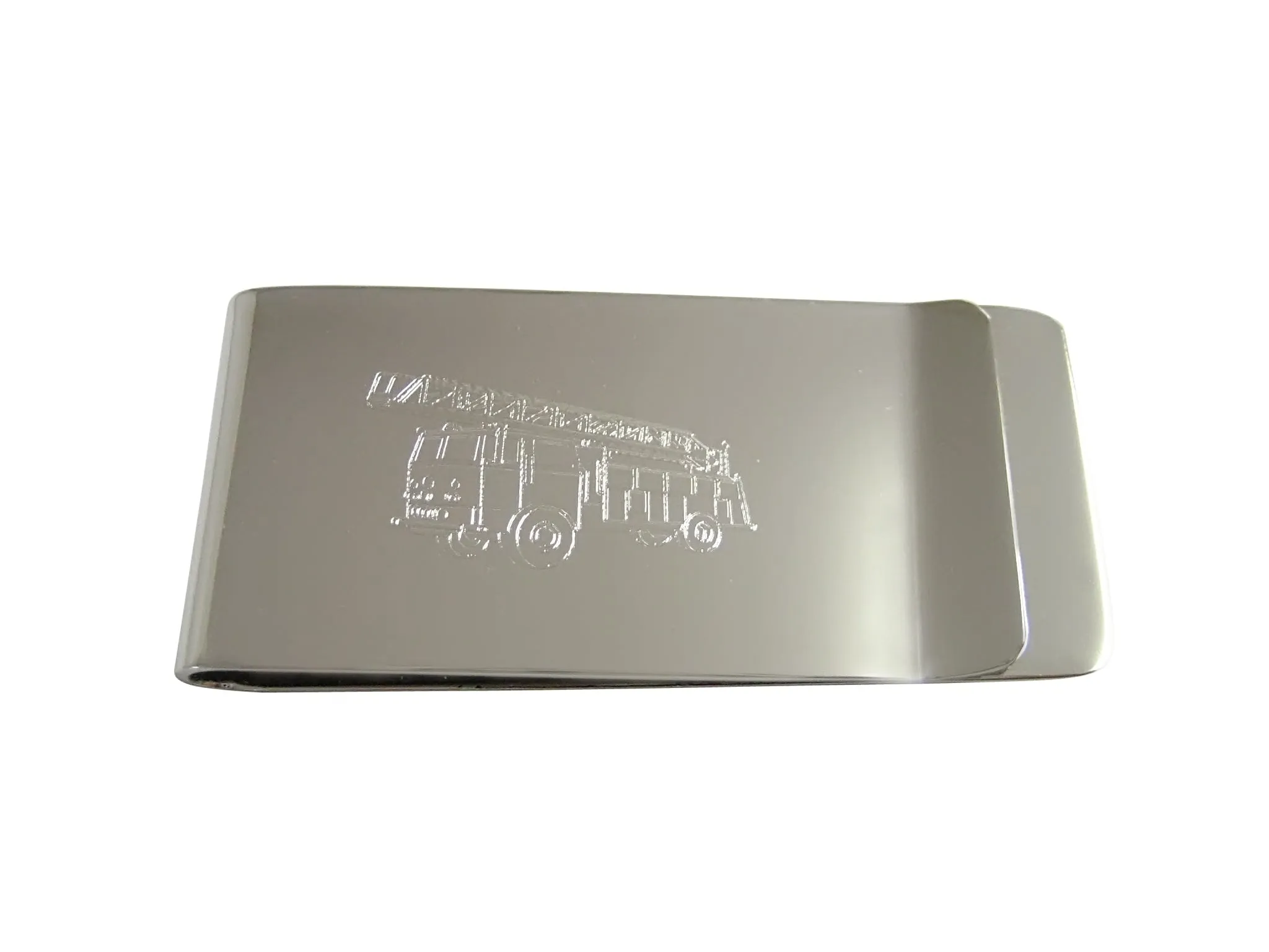 Silver Toned Etched Sleek Fire Truck With Ladder Money Clip