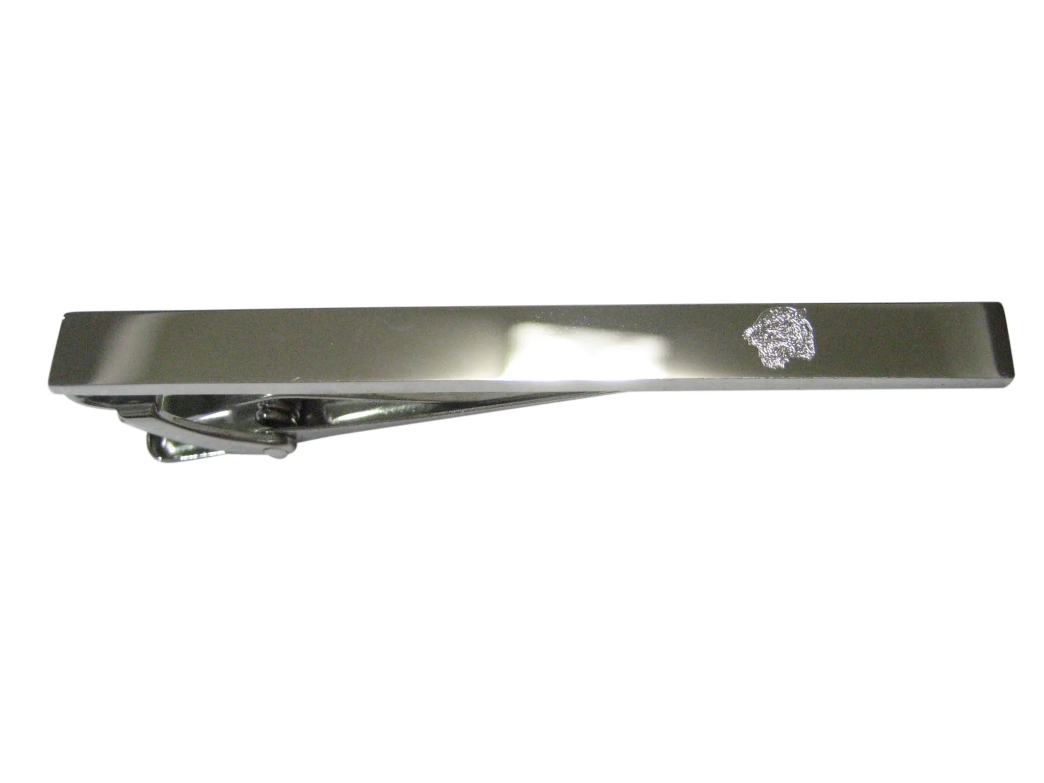 Silver Toned Etched Sleek Snarling Tiger Head Tie Clip