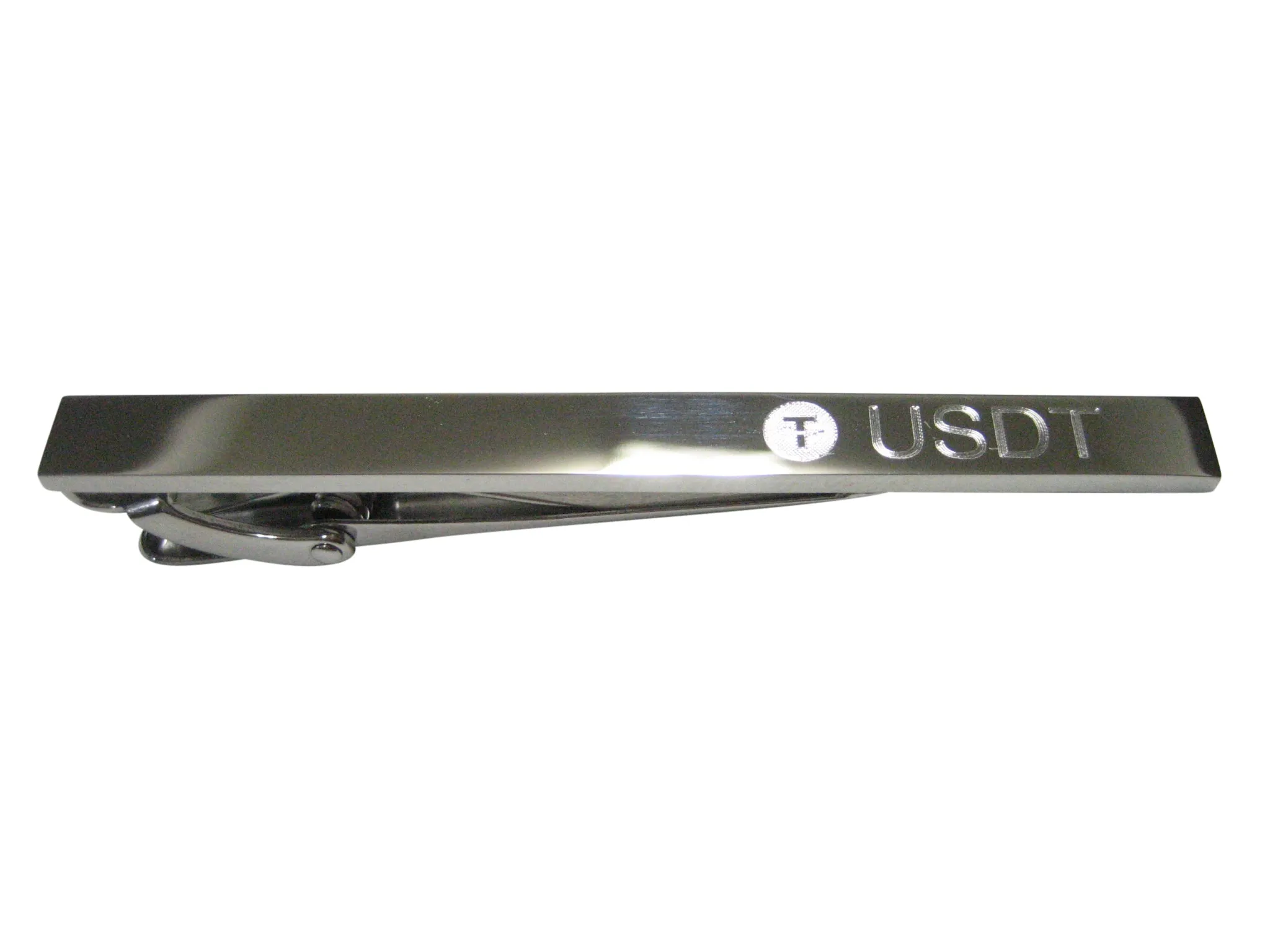 Silver Toned Etched Sleek Tether Coin Cryptocurrency Blockchain Tie Clip