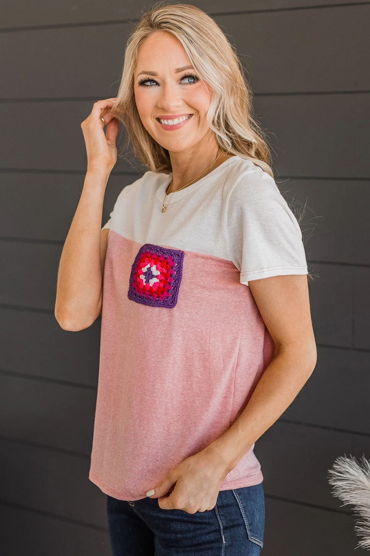 Simple Beauty Crochet Pocket Top- Ivory & Pink