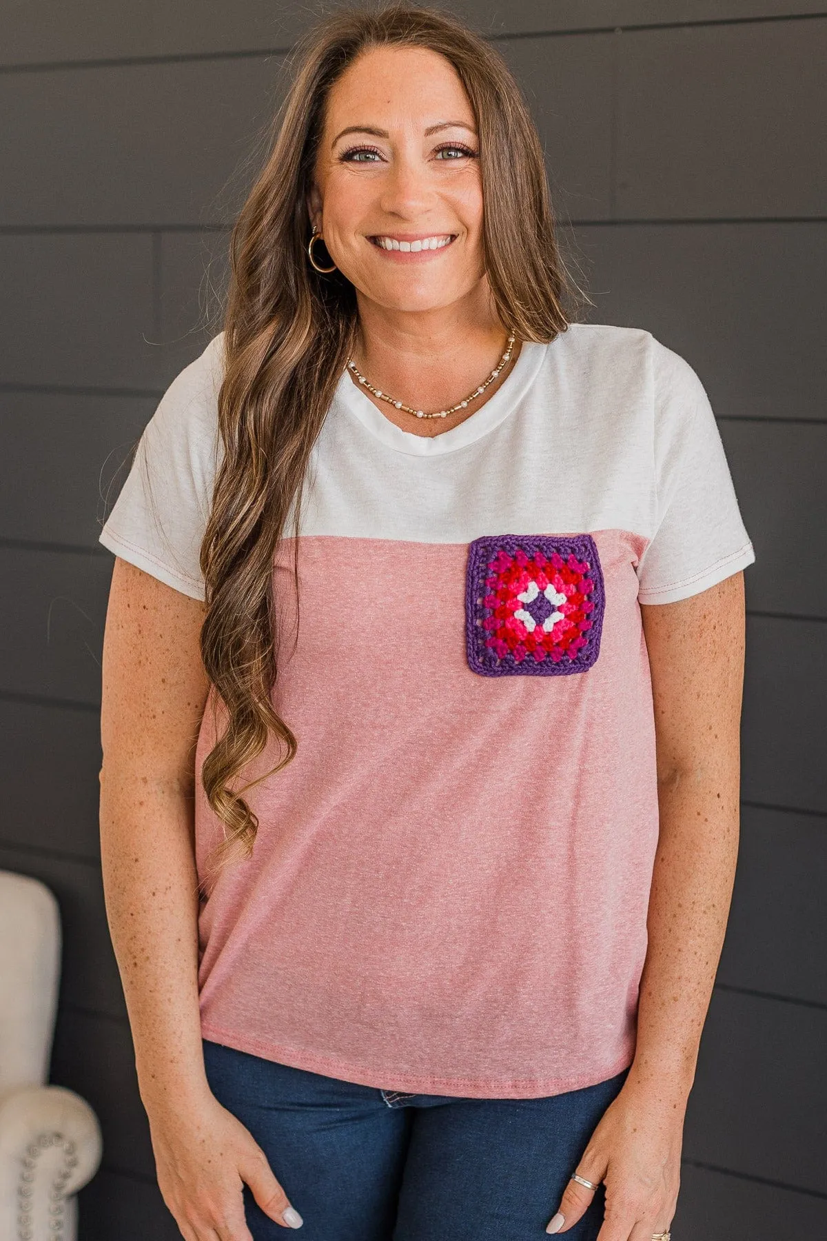 Simple Beauty Crochet Pocket Top- Ivory & Pink