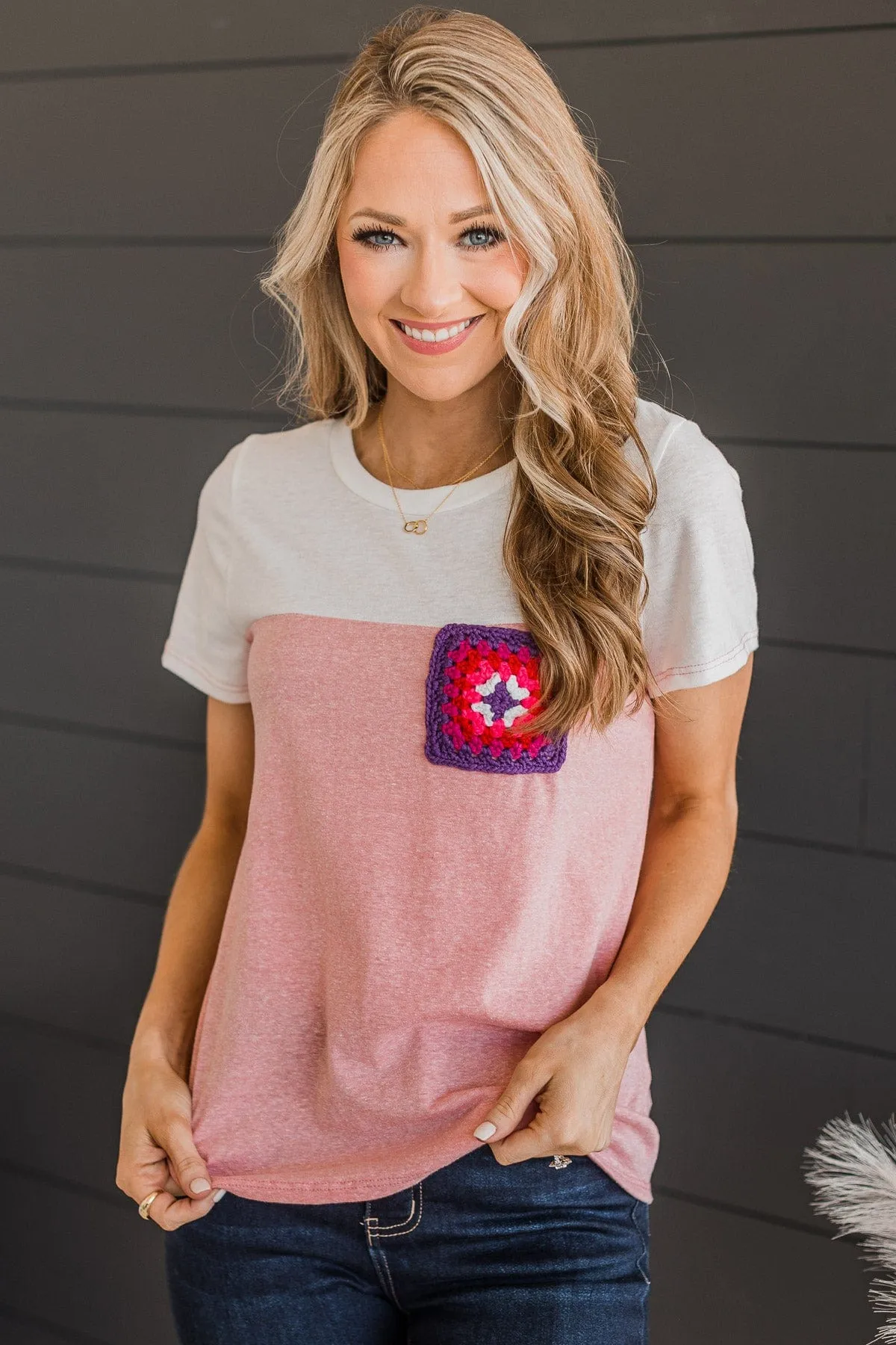 Simple Beauty Crochet Pocket Top- Ivory & Pink
