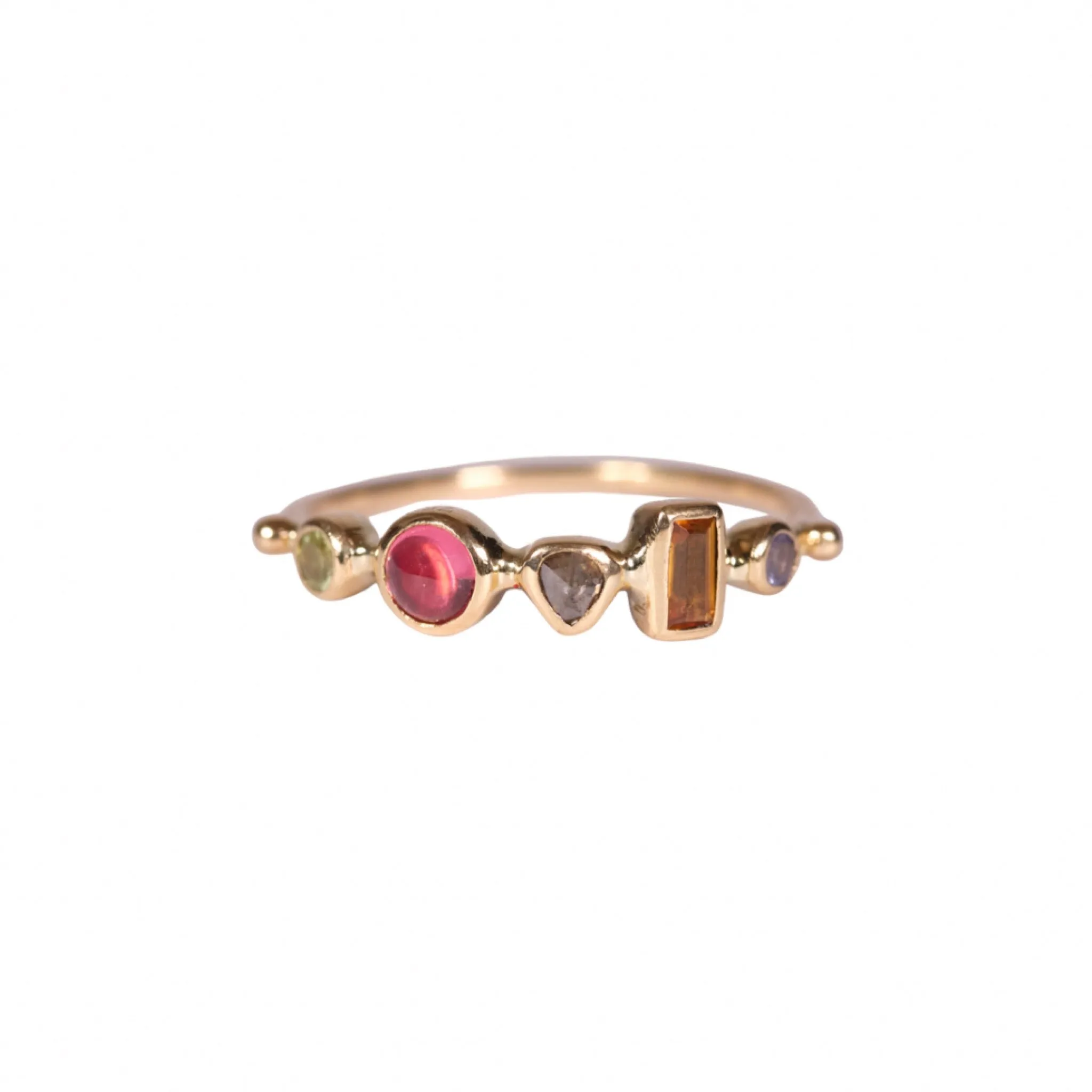 simple ring band - chrysoberyl   spinel   diamond   orange sapphire   tanzanite