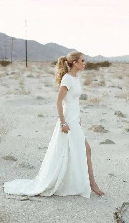 Simple Short Sleeve Sexy Low Back Wedding Dress
