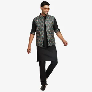 Sleek  Black Plain Kurta with Geometric Printed Jacket