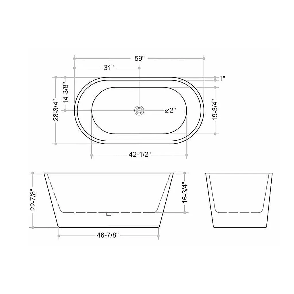 Sleek Round Bathtub - Free Standing - 59" Acrylic/White