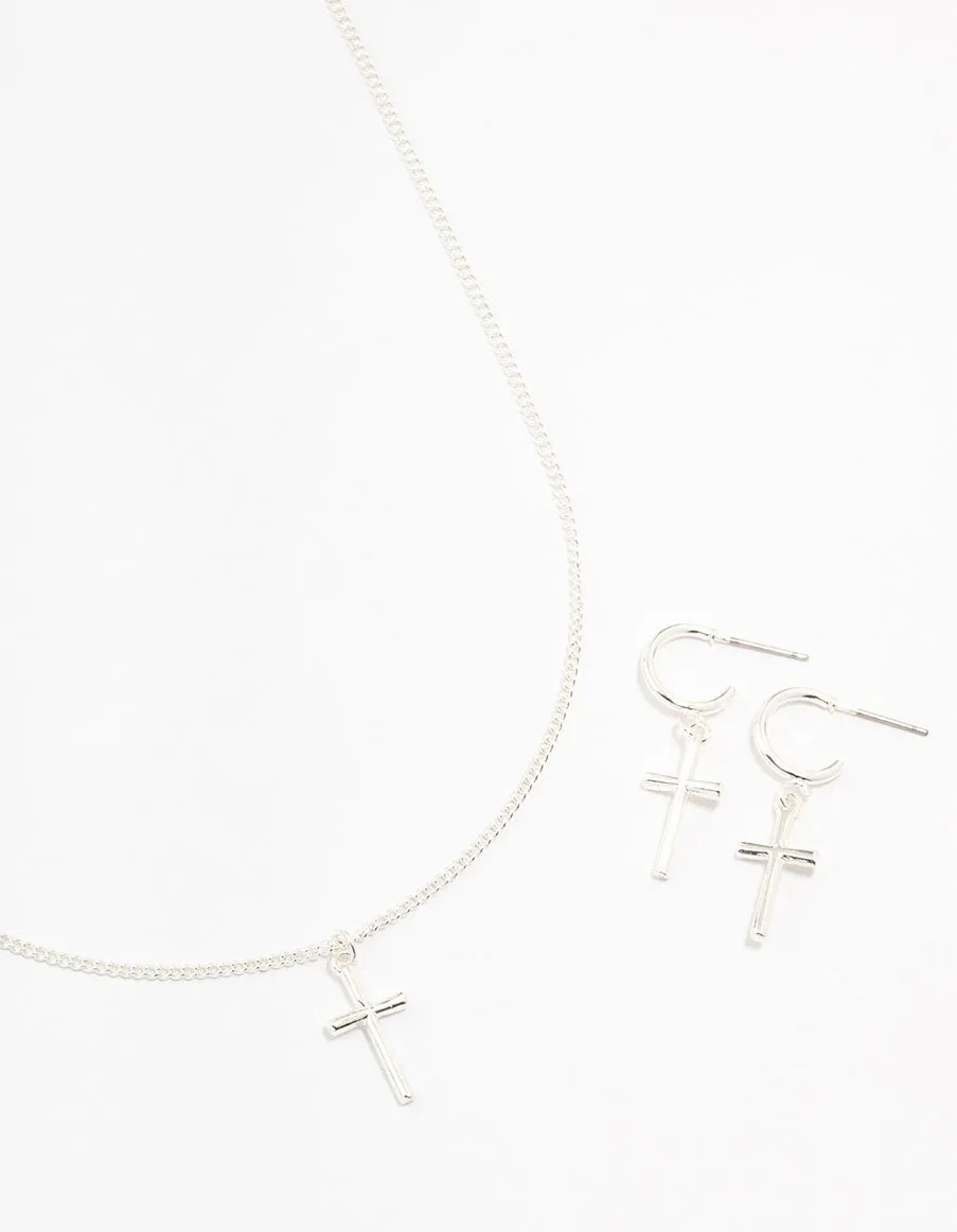 Sleek Silver Cross Necklace & Earring Set