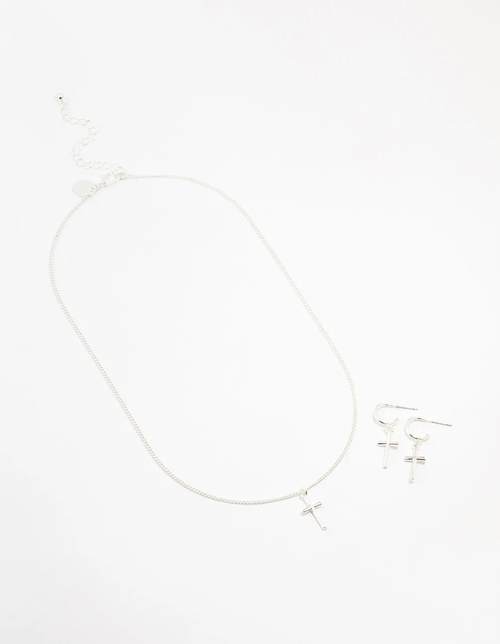 Sleek Silver Cross Necklace & Earring Set