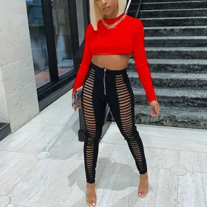 Solid Long Sleeve Crop Top & Cut Out Pants Set