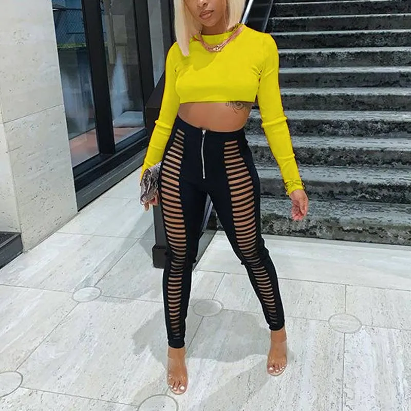 Solid Long Sleeve Crop Top & Cut Out Pants Set